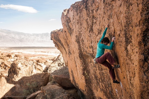 Bouldering close to home on This is How we do it at the Russian Space Station (V8); Bishop, CA pic by Michael Pang
