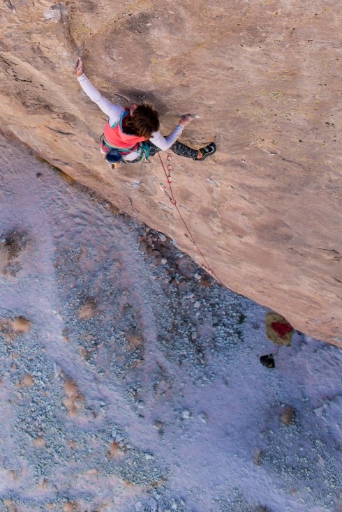 Making the first female ascent of Peter Croft's Holy Mackerel, Owens River Gorge. 8a+/8b. Ben Ditto photo